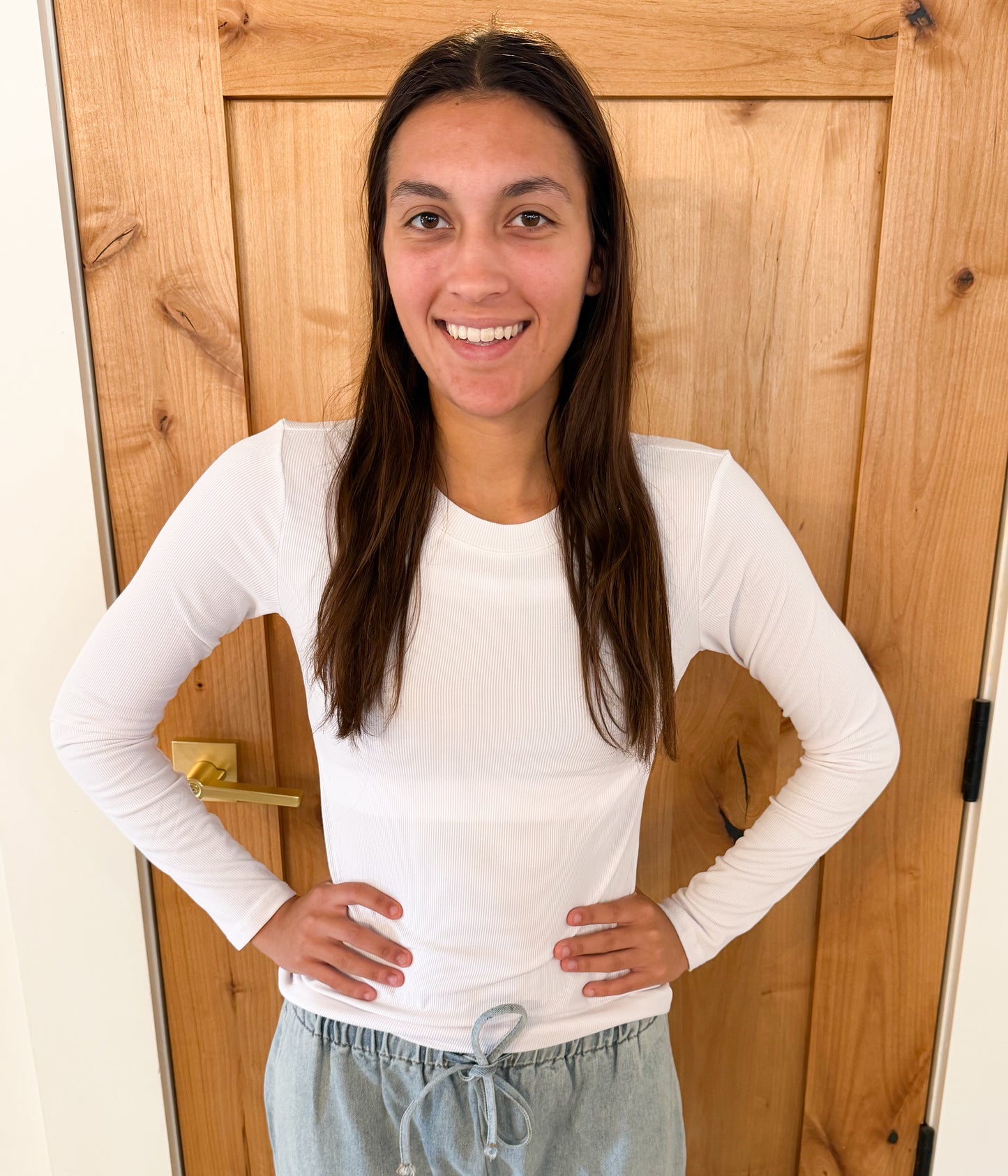 Ribbed Long Sleeve Basic Top, Off White