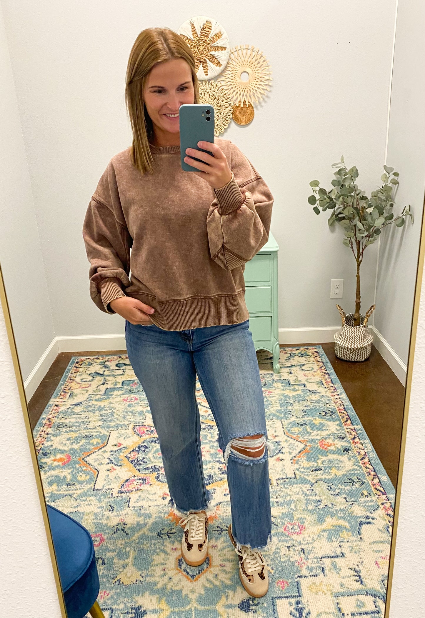 Acid Wash Oversized Fleece Pullover, Brown