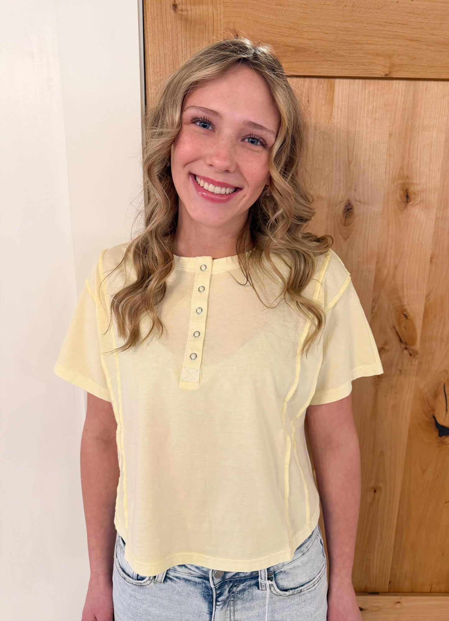 Boxy Fit Henley Short Sleeve Knit Top, Butter Yellow