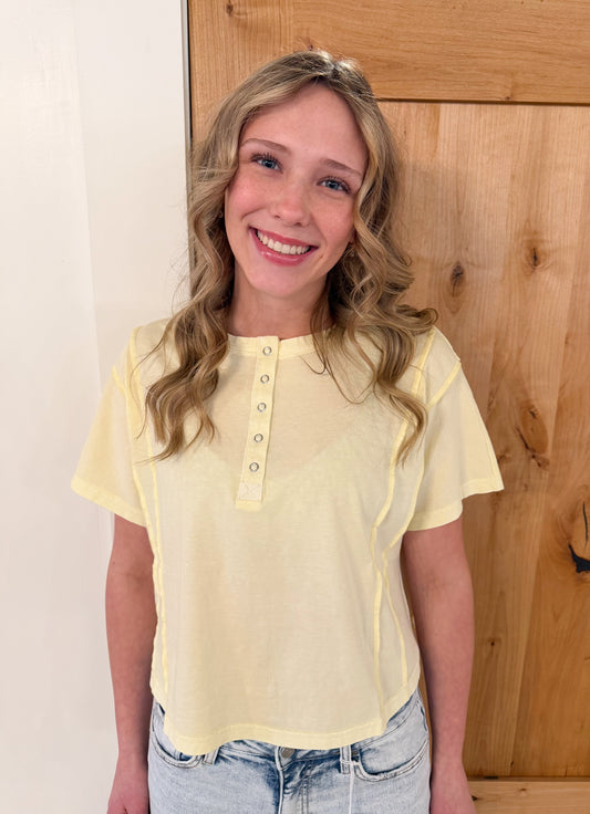 Boxy Fit Henley Short Sleeve Knit Top, Butter Yellow