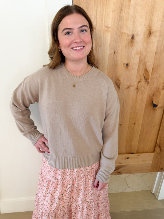 Basic Relaxed Crop Sweater, Taupe