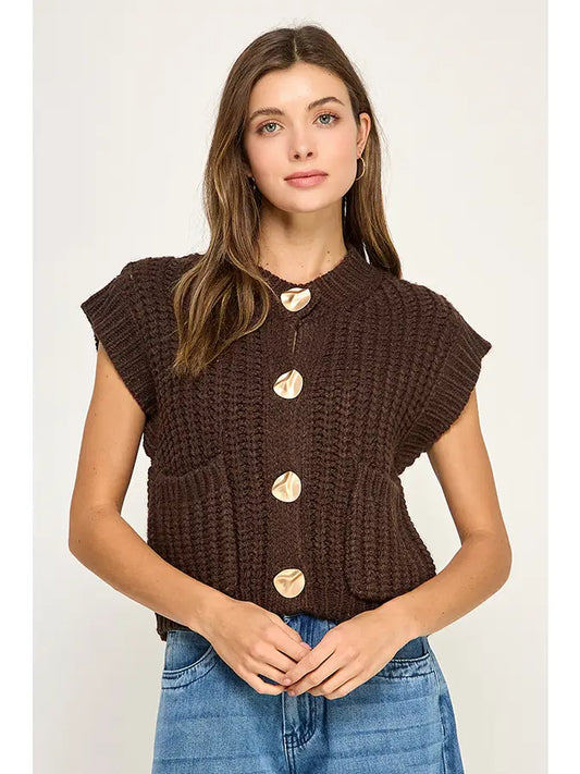 Chunky Knit Button-Front Vest Top, Brown