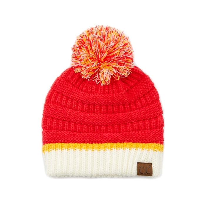 Colorblock Beanie Pom Pom, Red/Yellow