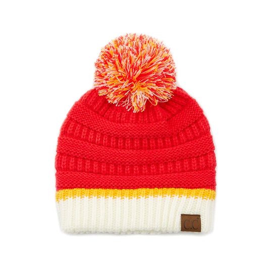 Colorblock Beanie Pom Pom, Red/Yellow
