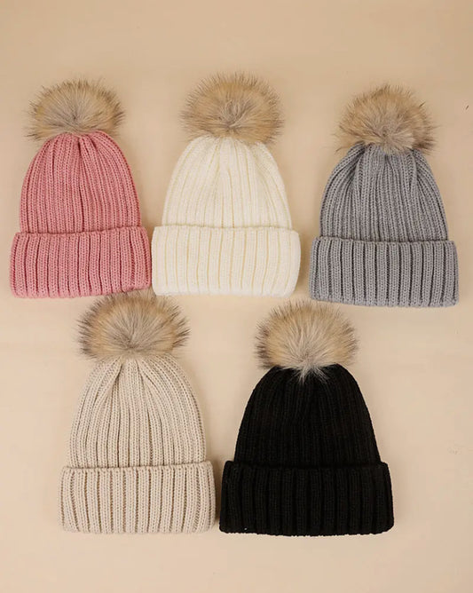 Ribbed Knitted Pom Pom Beanie
