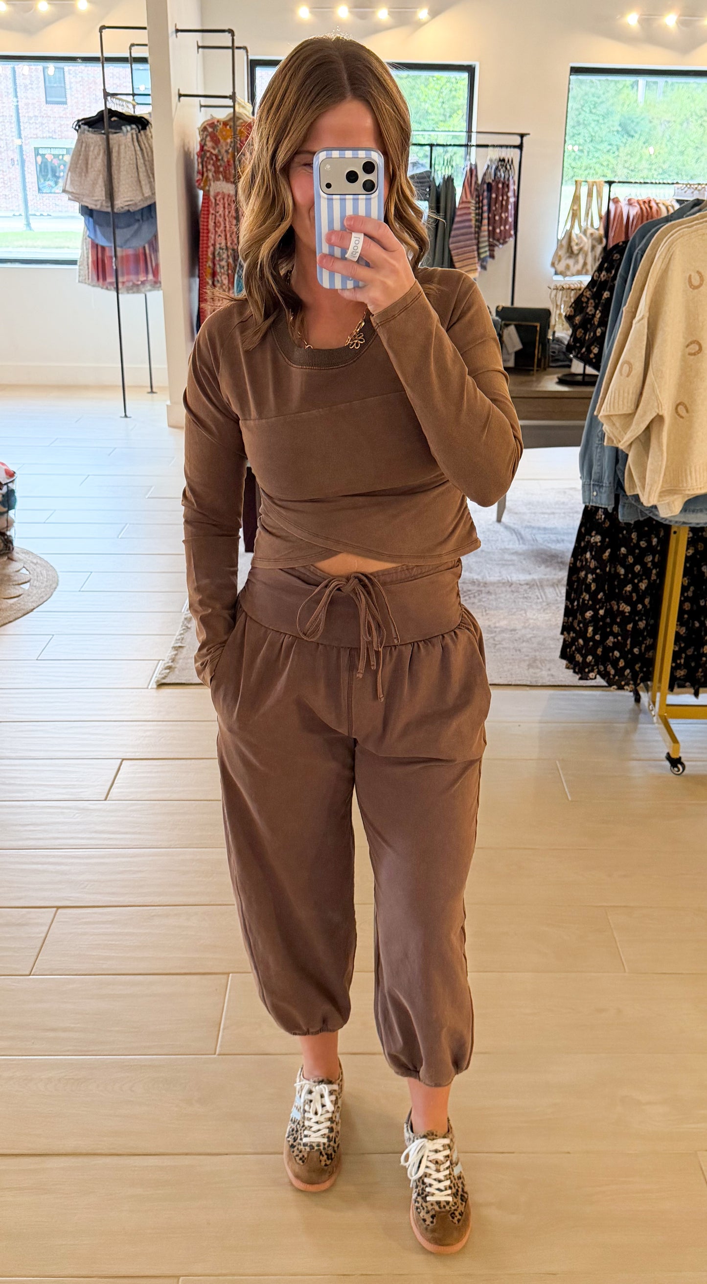 Wide Waistband Jogger Pants, Brown