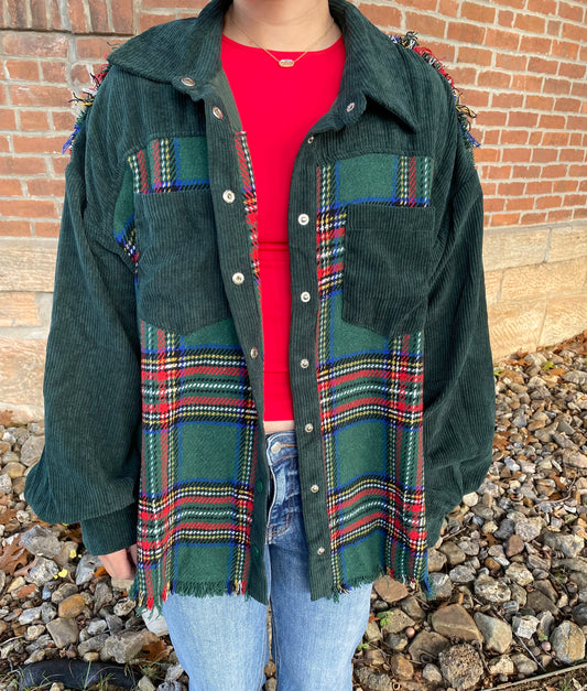 Frayed Corduroy Plaid Jacket, Green