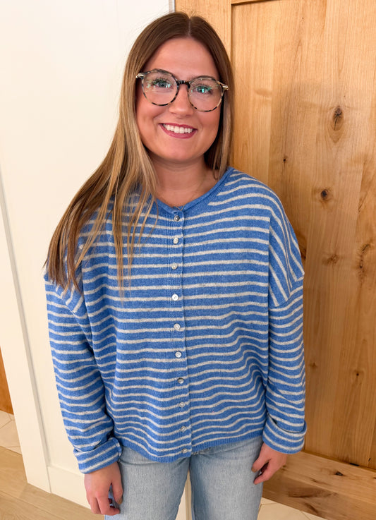 Button Down Stripe Sweater, Blue