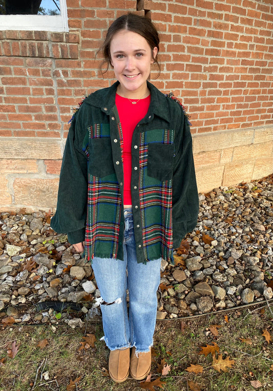 Frayed Corduroy Plaid Jacket, Green
