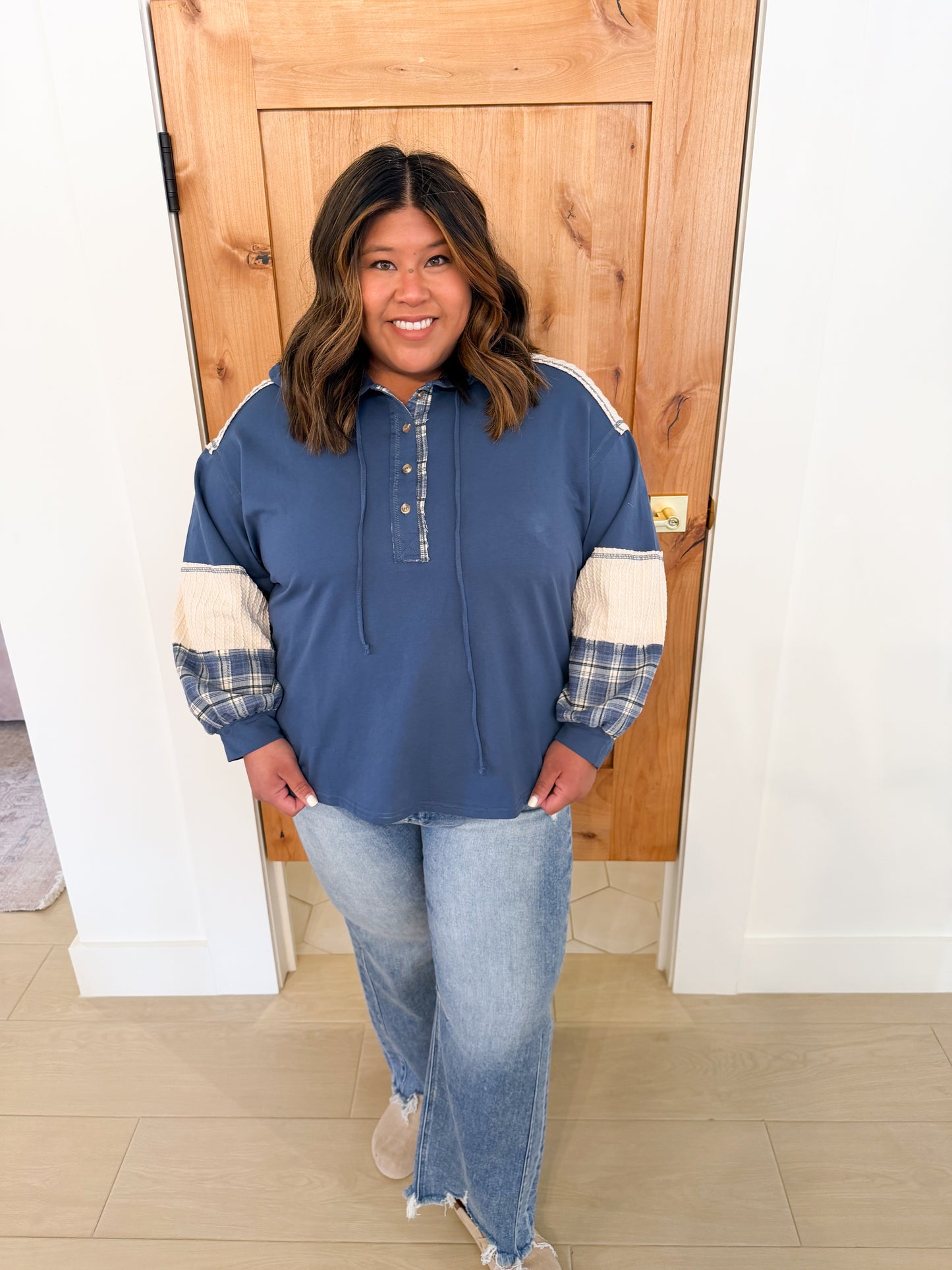Plaid Contrast Hoodie Pullover, Denim
