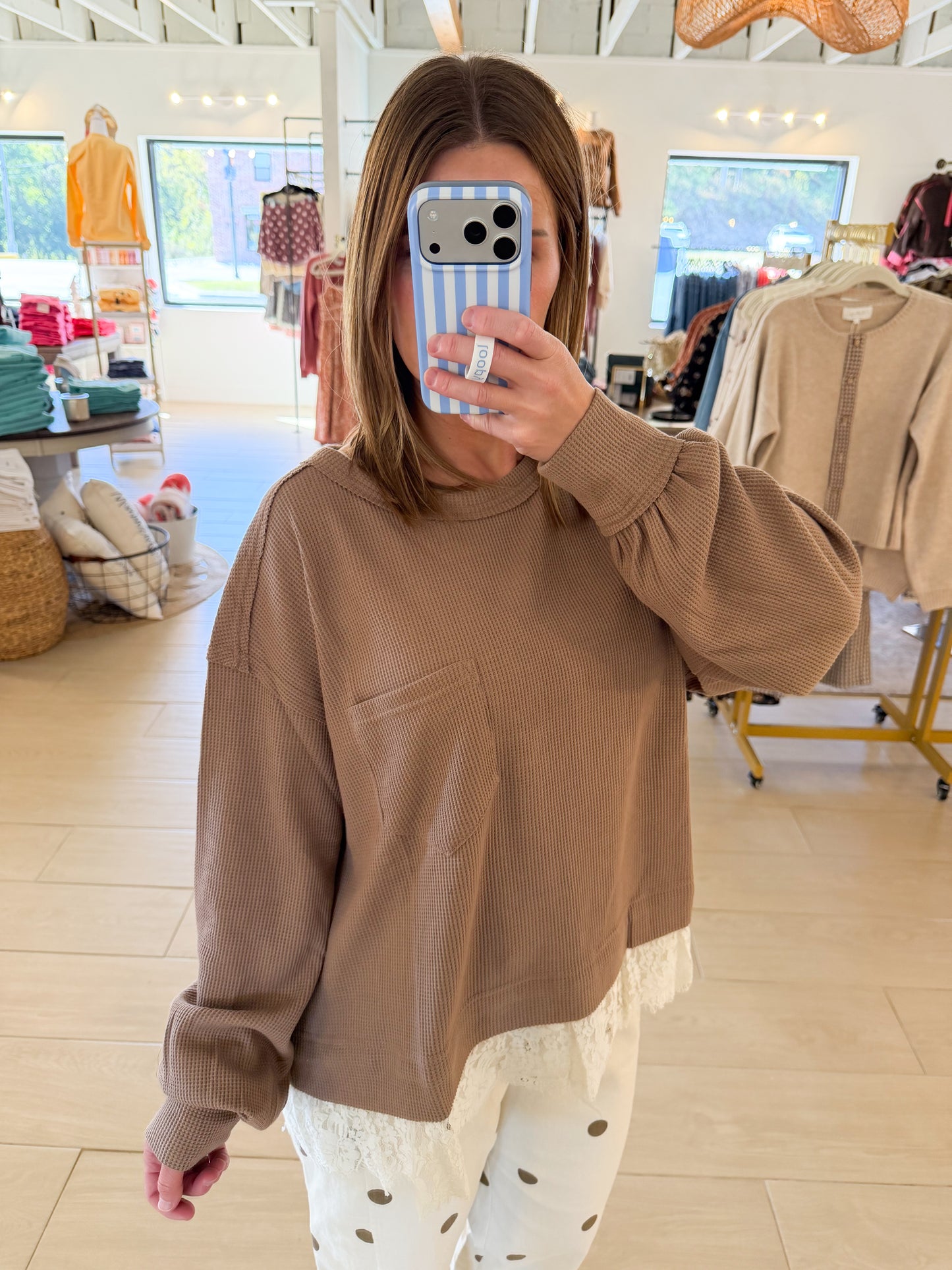 Lace Trim Thermal Top, Latte