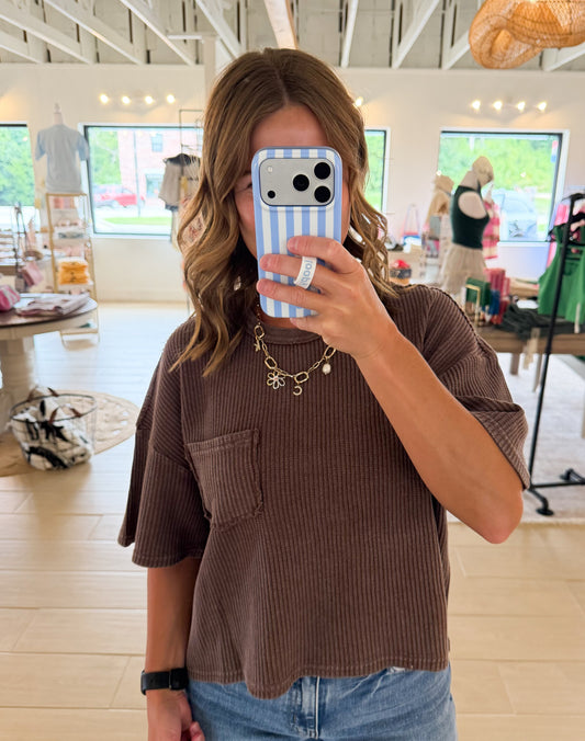 Mineral Wash Waffle Pocket Top, Brown