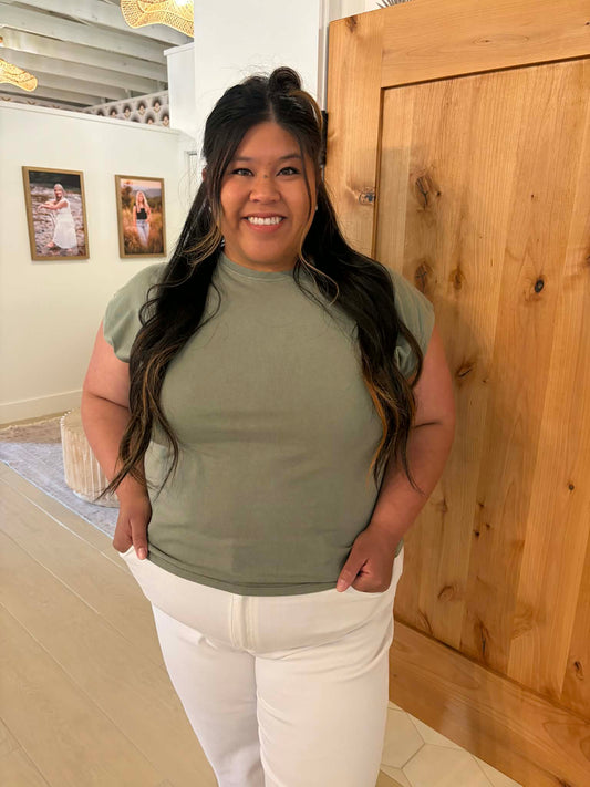 Plus Size Basic Acid Wash Capped Sleeve Tee, Sage