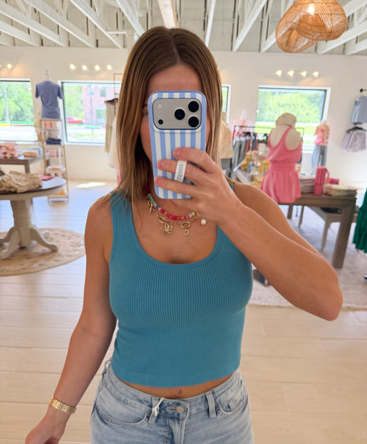 Seamless Scoop Ribbed Tank, Blue Oasis