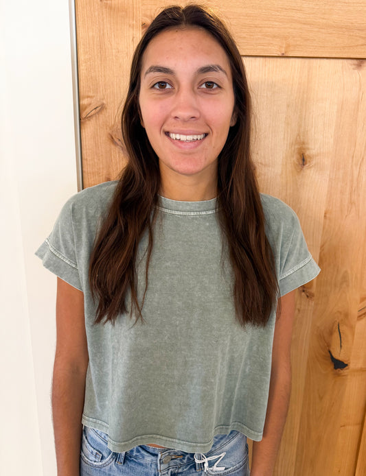 Washed Short Sleeve Boxy Tee, Olive