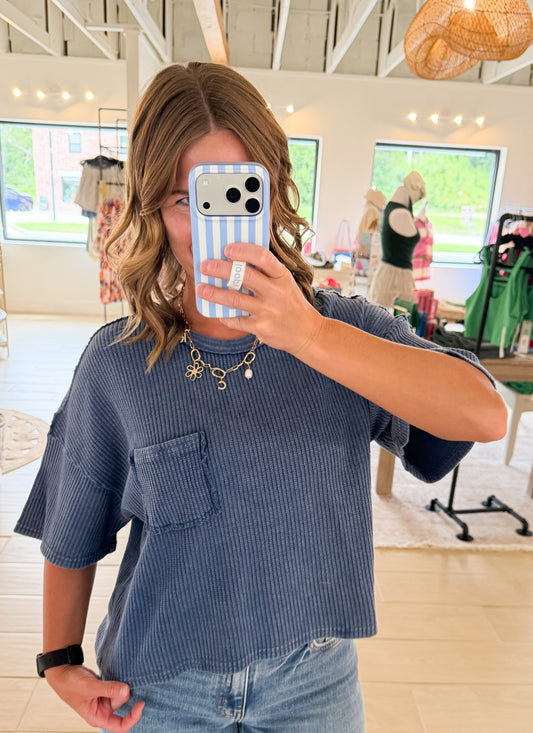 Mineral Wash Waffle Pocket Top, Navy