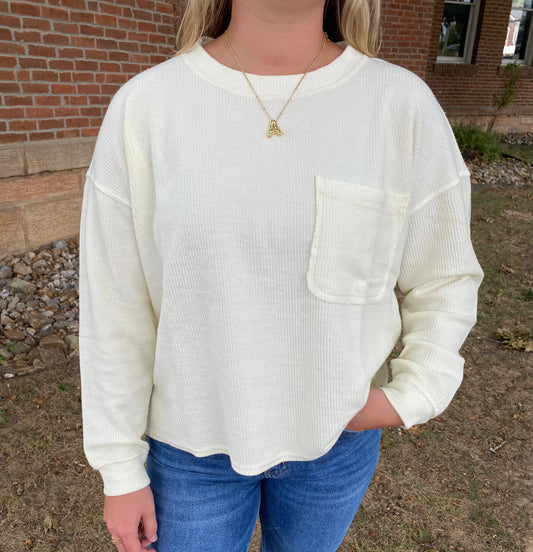Washed Long Sleeve Rib Top, Cream