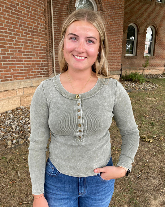 Washed Long Sleeve Rib Henley, Olive