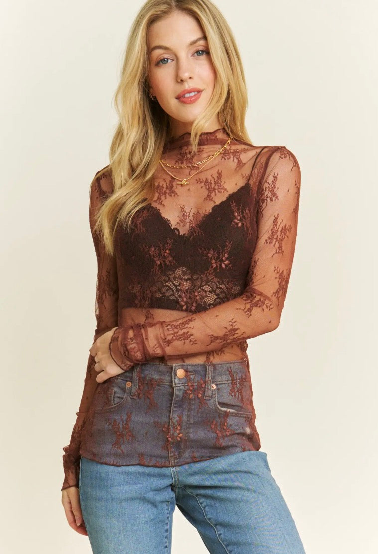 Mesh Lace Long Sleeve, Brown