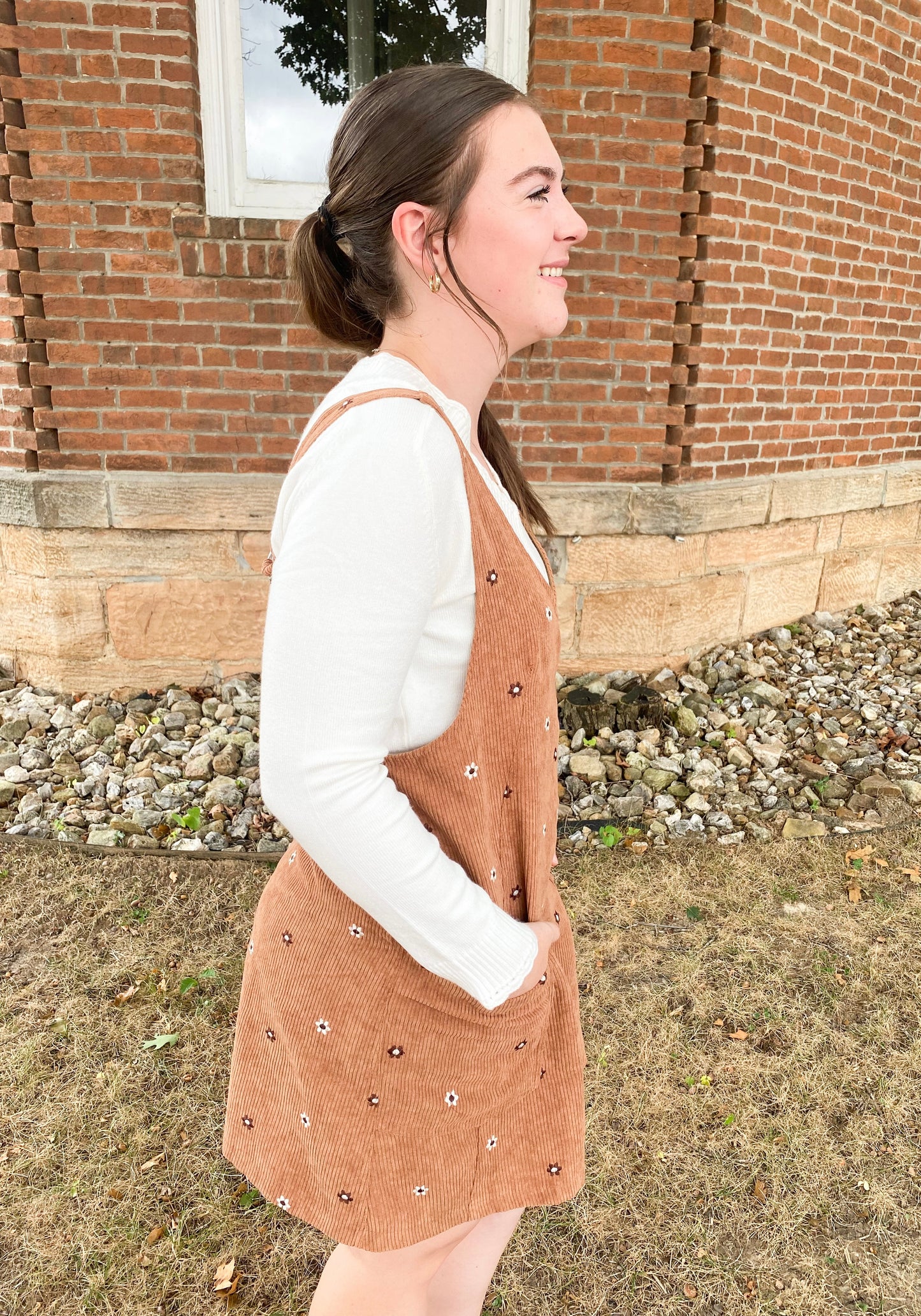 Floral Embroidered Corduroy Pinafore Overall Dress, Caramel