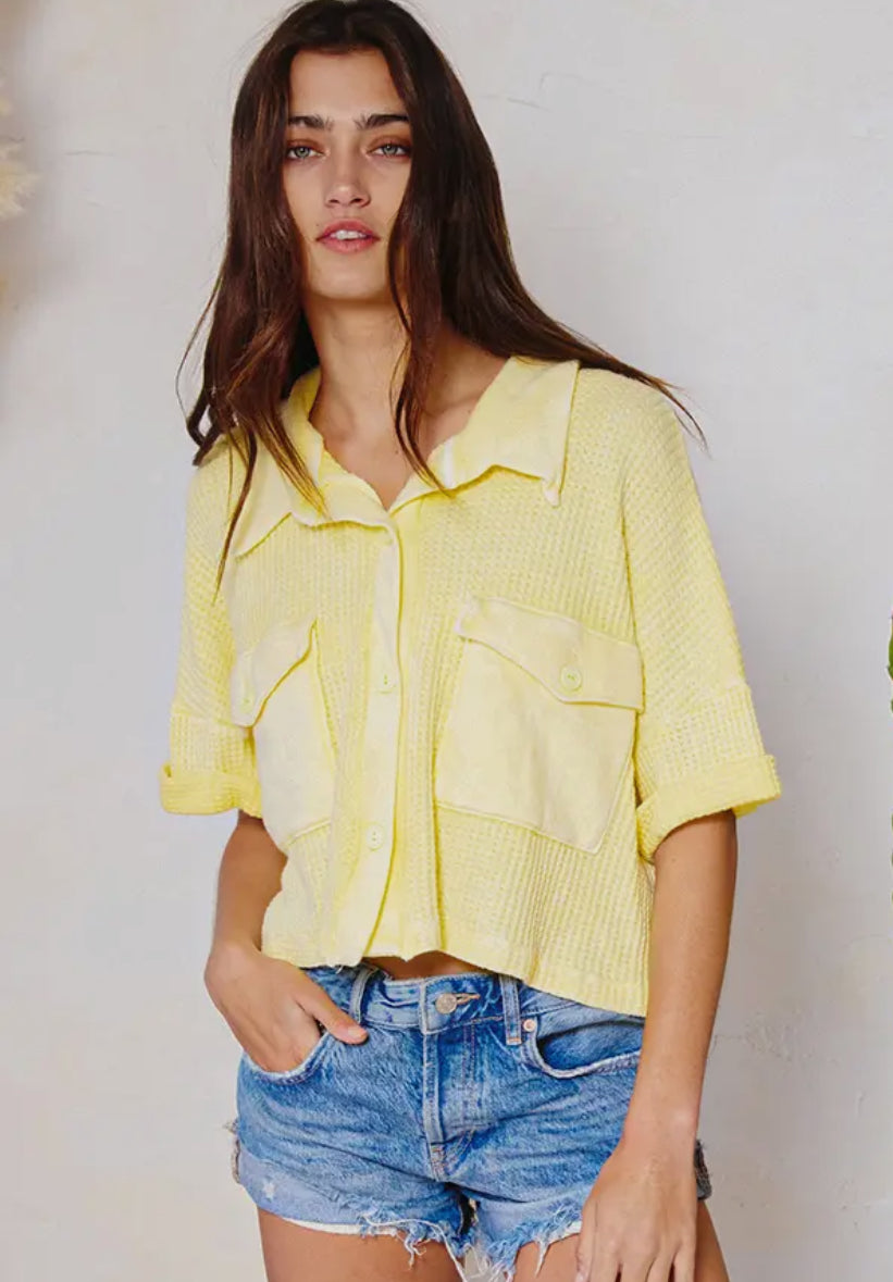 Washed Waffle Cropped Shirt, Baby Yellow