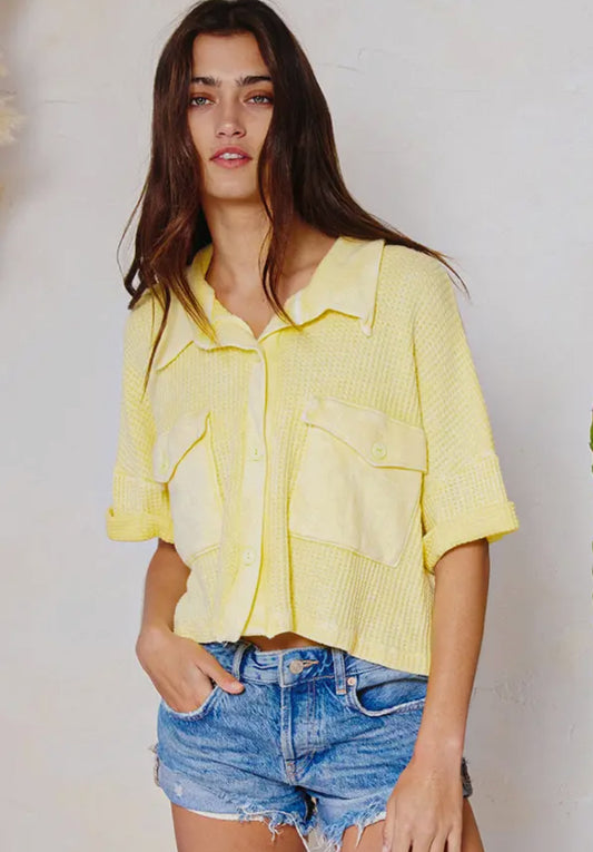 Washed Waffle Cropped Shirt, Baby Yellow