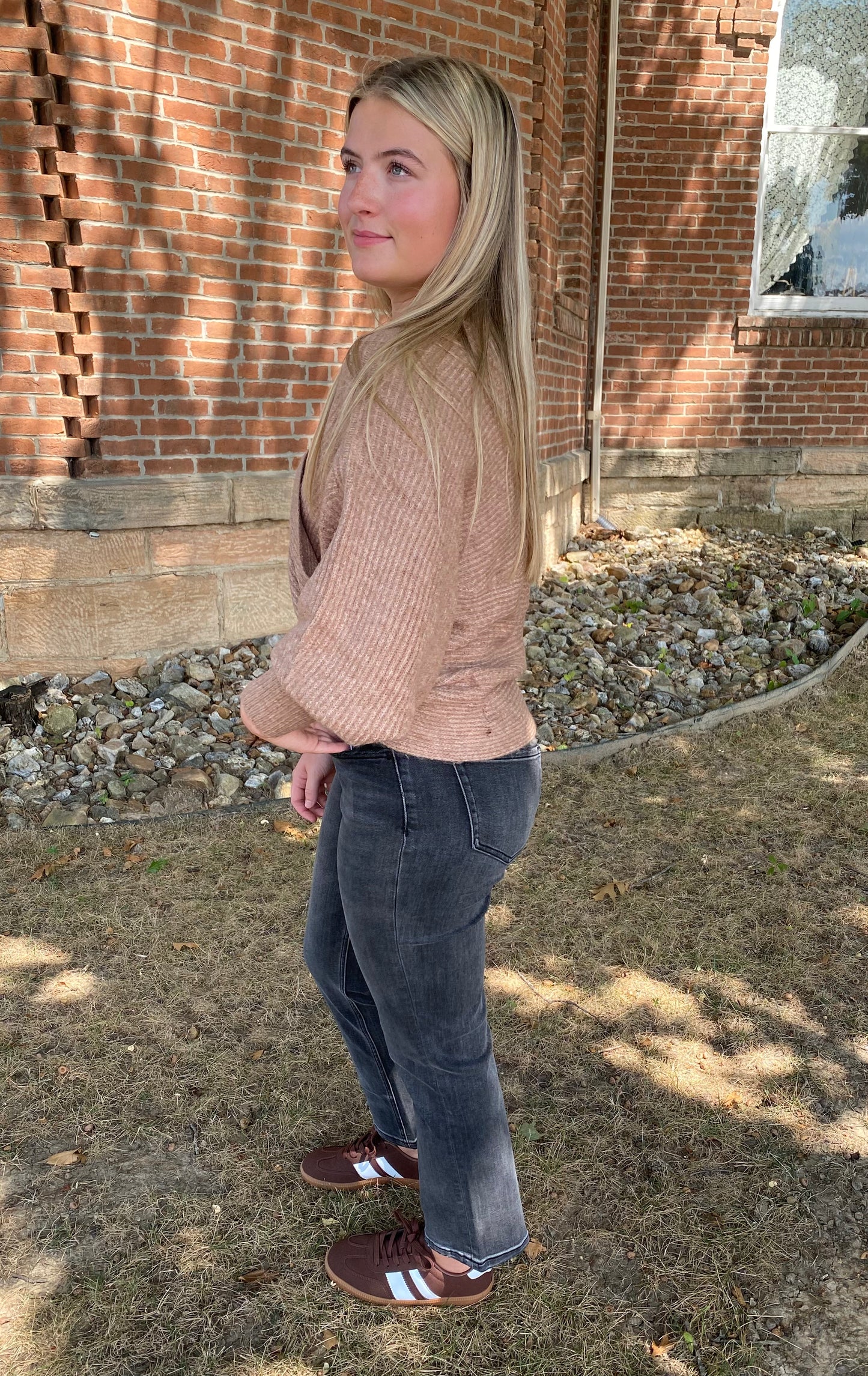 Crossover Ribbed Pullover, Latte