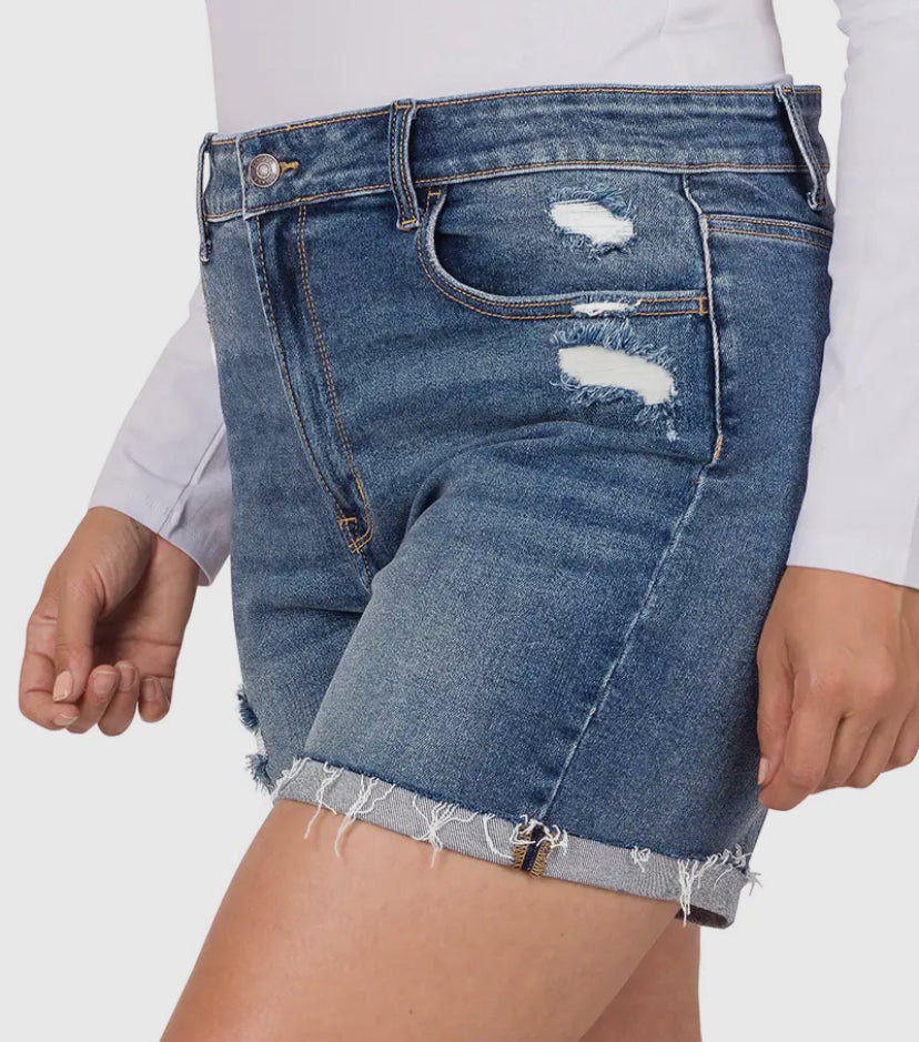 Zenana Plus Distressed Cuffed Shorts