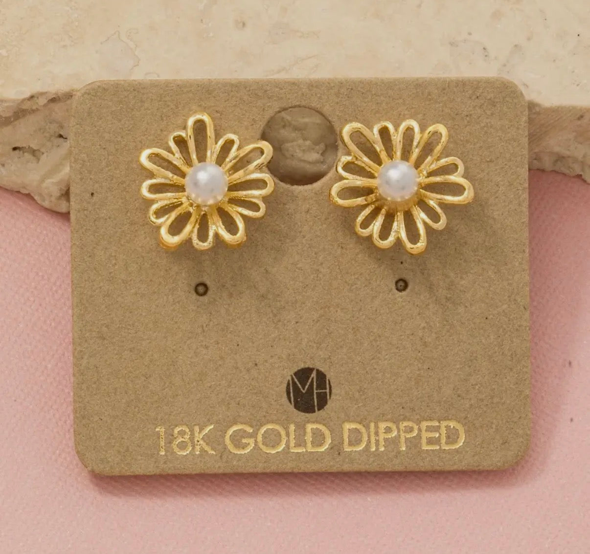 Gold Dipped Pearl Flower Stud Earrings