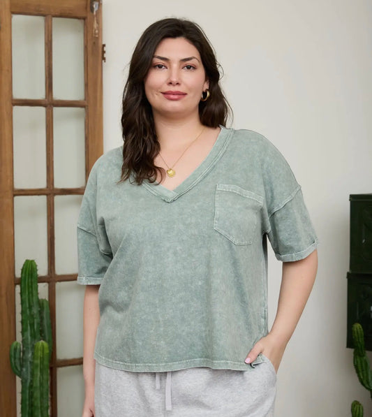 Plus Washed V Neck Boxy Knit Top, Olive