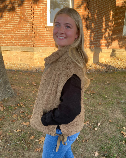 Side Bow Oversized Sherpa Vest, Mocha, Mocha