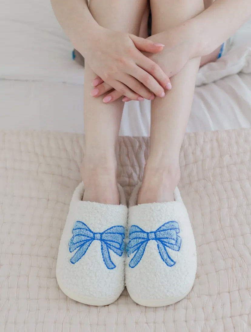 Blue Bow Fuzzy Plush Slippers