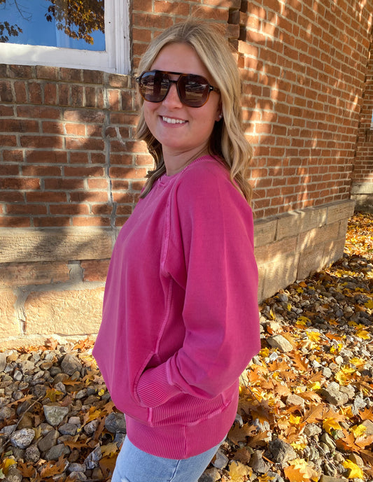 Washed French Terry Pullover, Hot Pink