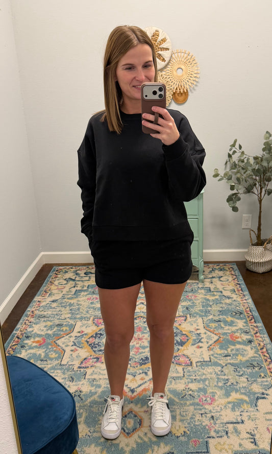 Fleece Long Sleeve Sweatshirt & Short Set, Black