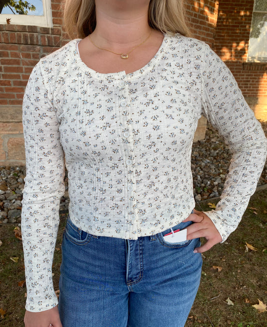 Printed Button Down Knit Cardigan Top, Cream Floral