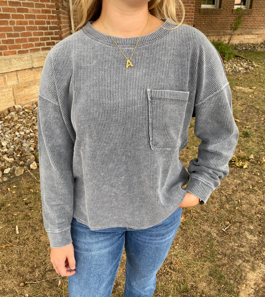 Washed Long Sleeve Rib Top, Denim