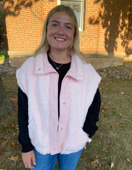 Side Bow Oversized Sherpa Vest, Mocha, Pink