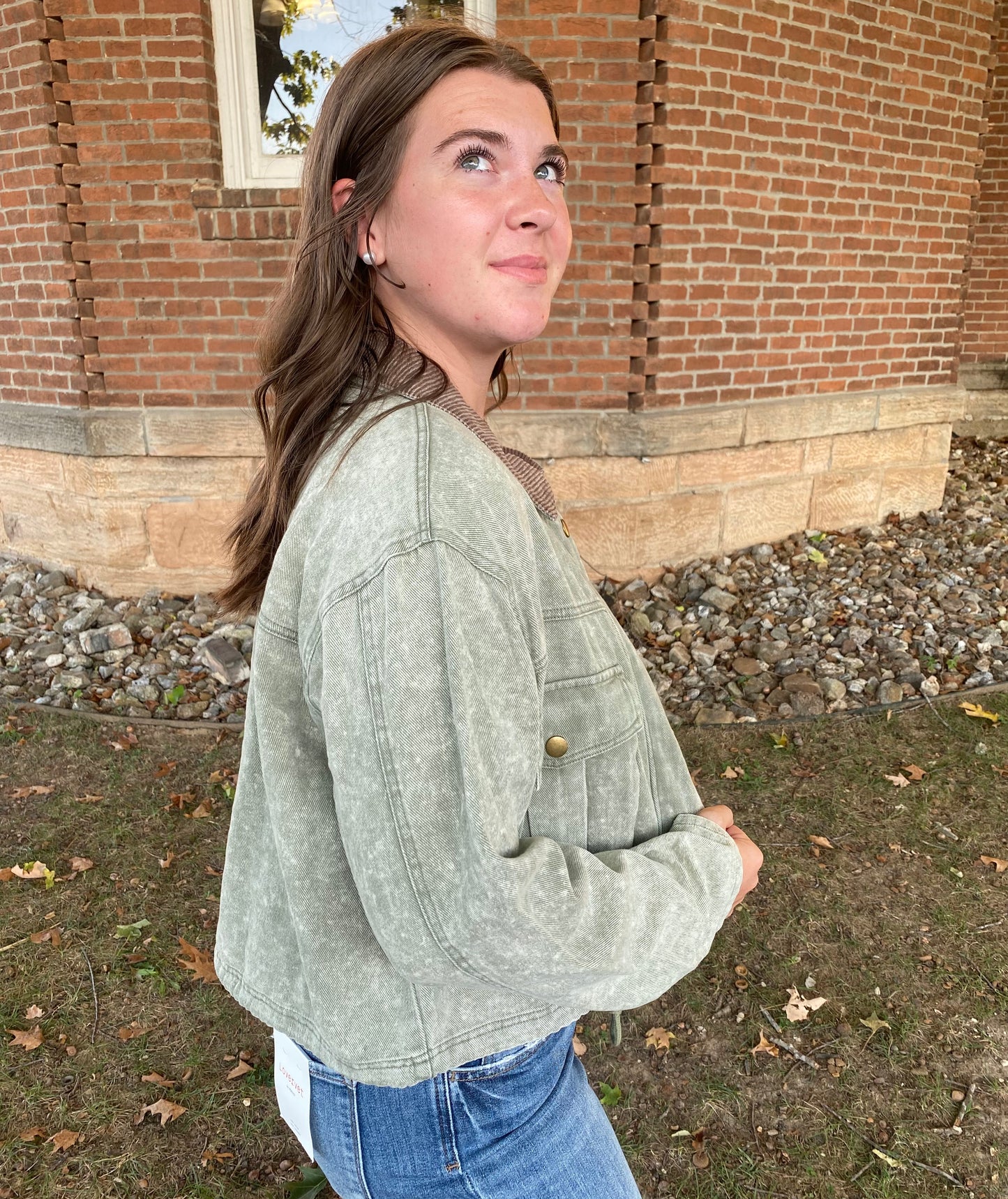 Corduroy Collar Contrast Twill Crop Jacket, Olive