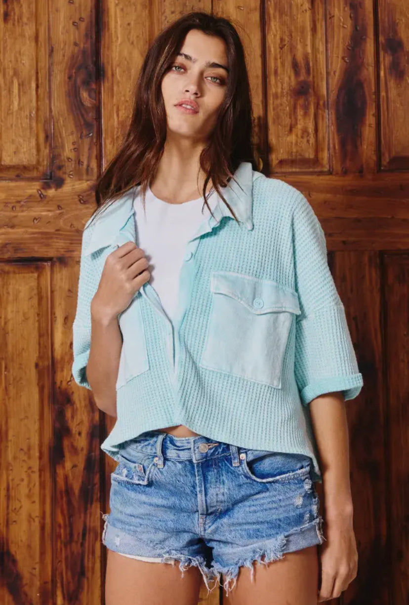 Washed Waffle Cropped Shirt, Baby Blue