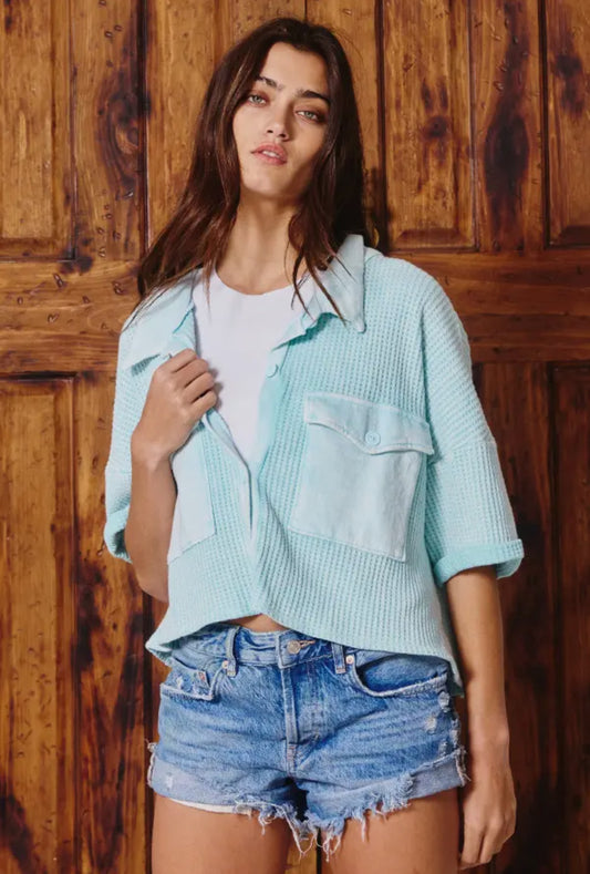 Washed Waffle Cropped Shirt, Baby Blue