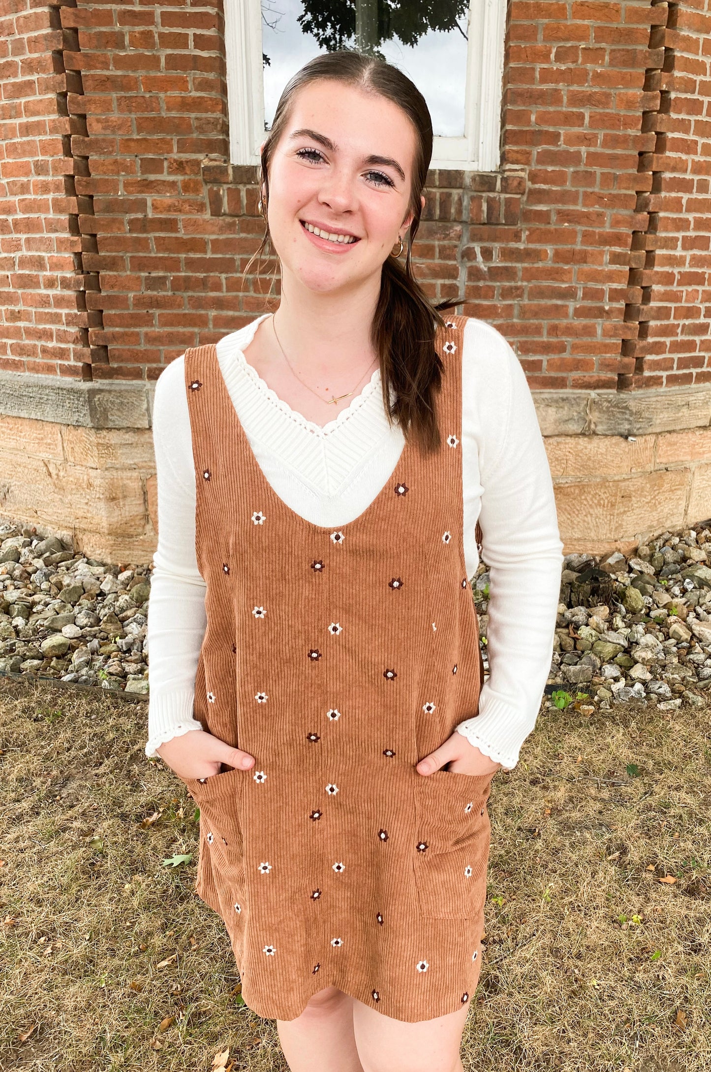 Floral Embroidered Corduroy Pinafore Overall Dress, Caramel
