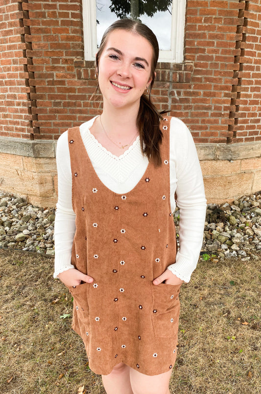 Floral Embroidered Corduroy Pinafore Overall Dress, Caramel