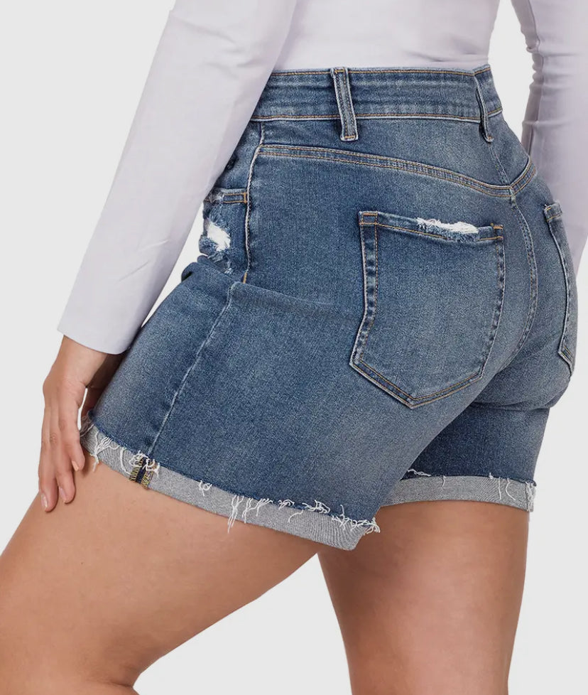 Zenana Plus Distressed Cuffed Shorts
