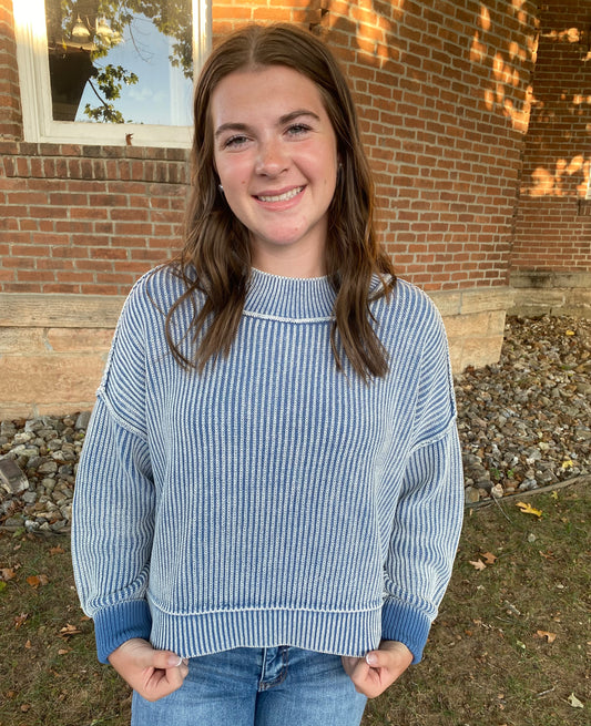 Washed Side Slit Oversized Cropped Sweater, Dusty Blue