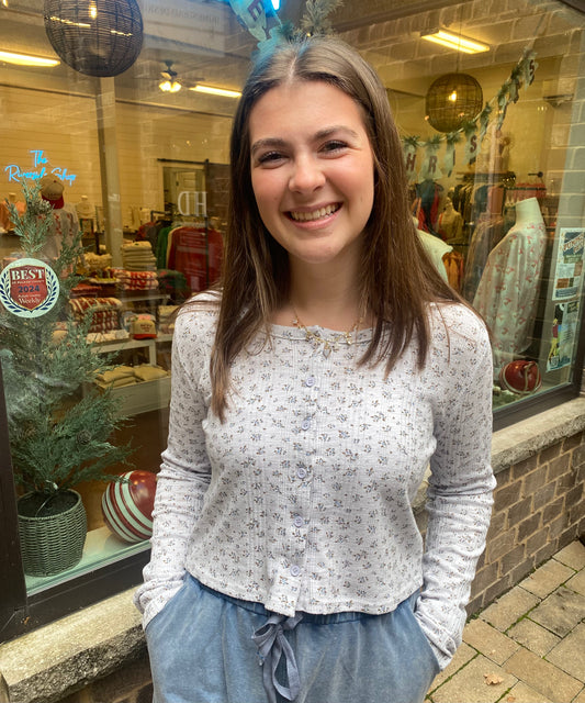 Printed Button Down Knit Cardigan Top, Blue Floral