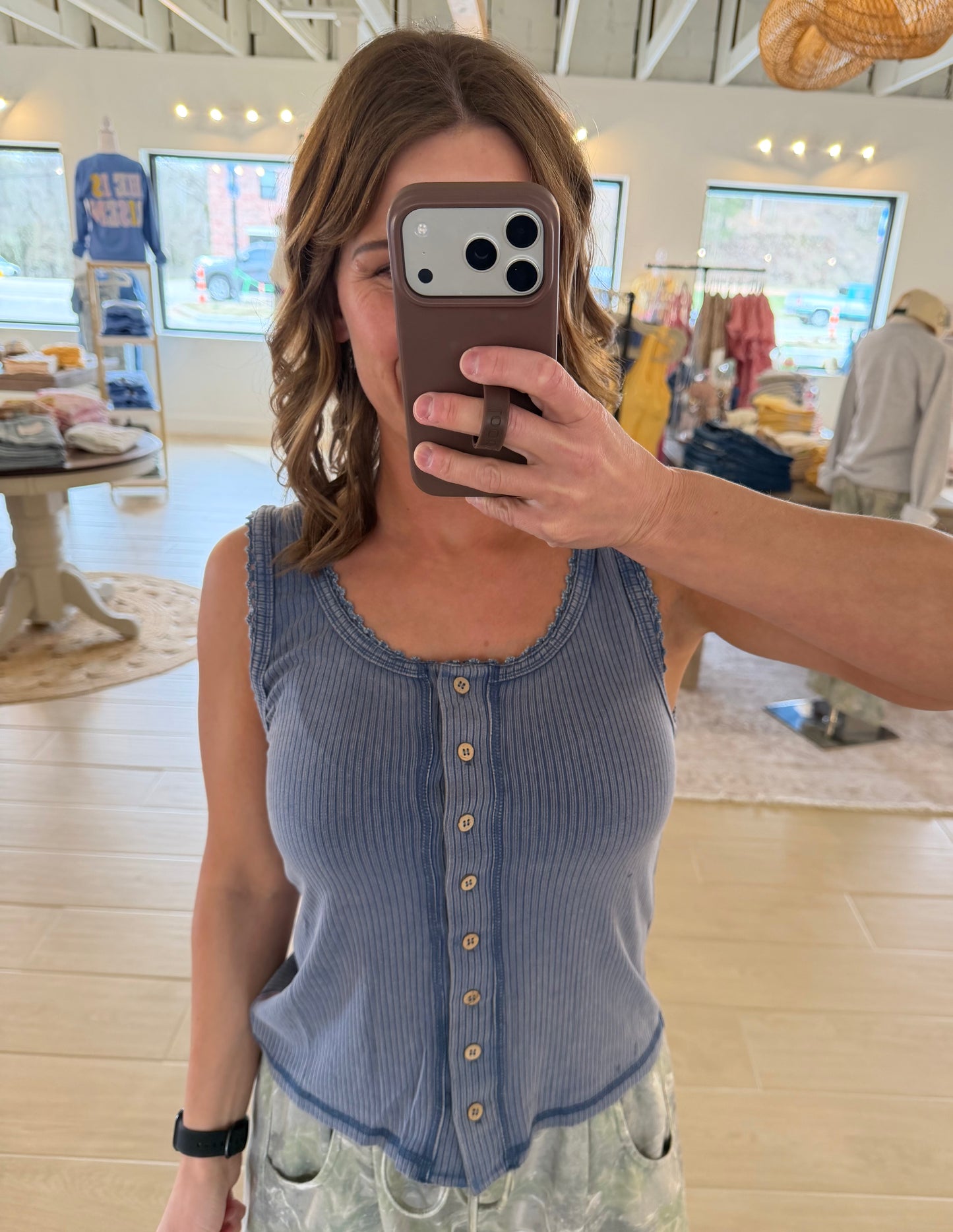 Mineral Wash Lace Tank, Denim