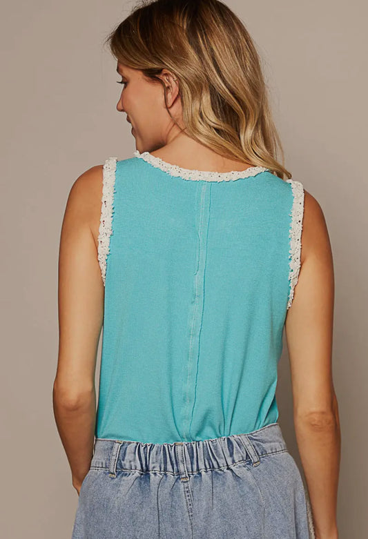 Delicate Touch Henley Tank, Lake Blue