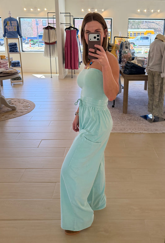 Mineral Wash Strapless Wide-Leg Jumpsuit, Mint