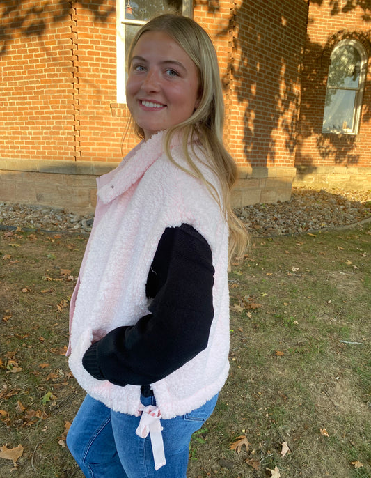 Side Bow Oversized Sherpa Vest, Mocha, Pink