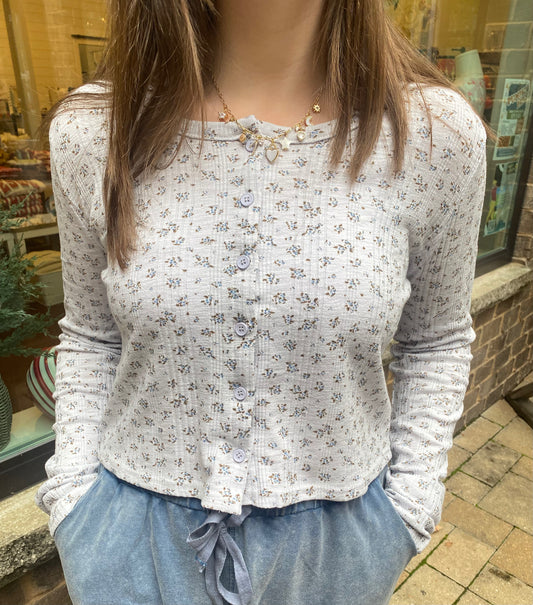 Printed Button Down Knit Cardigan Top, Blue Floral